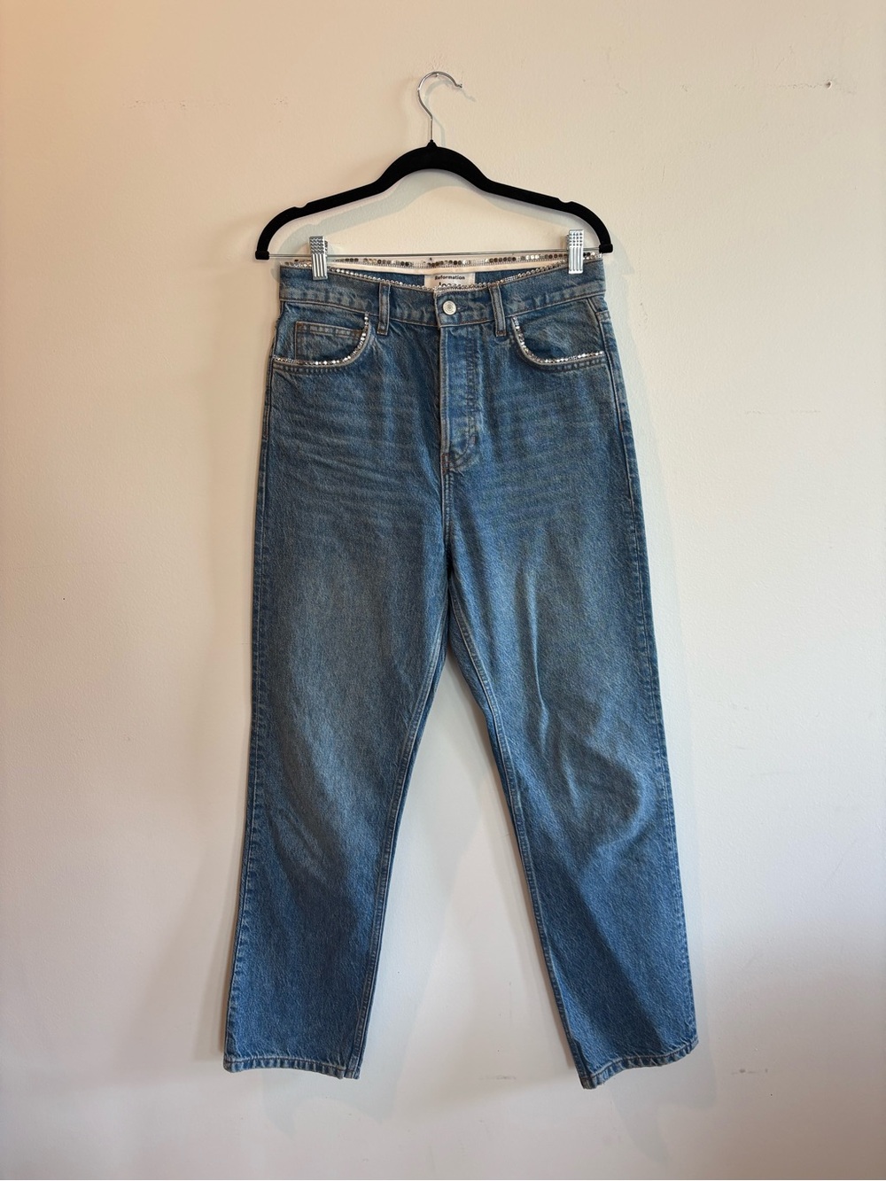 Reformation Mid-Blue Straight Jeans with jewel details - Picture 1 of 5